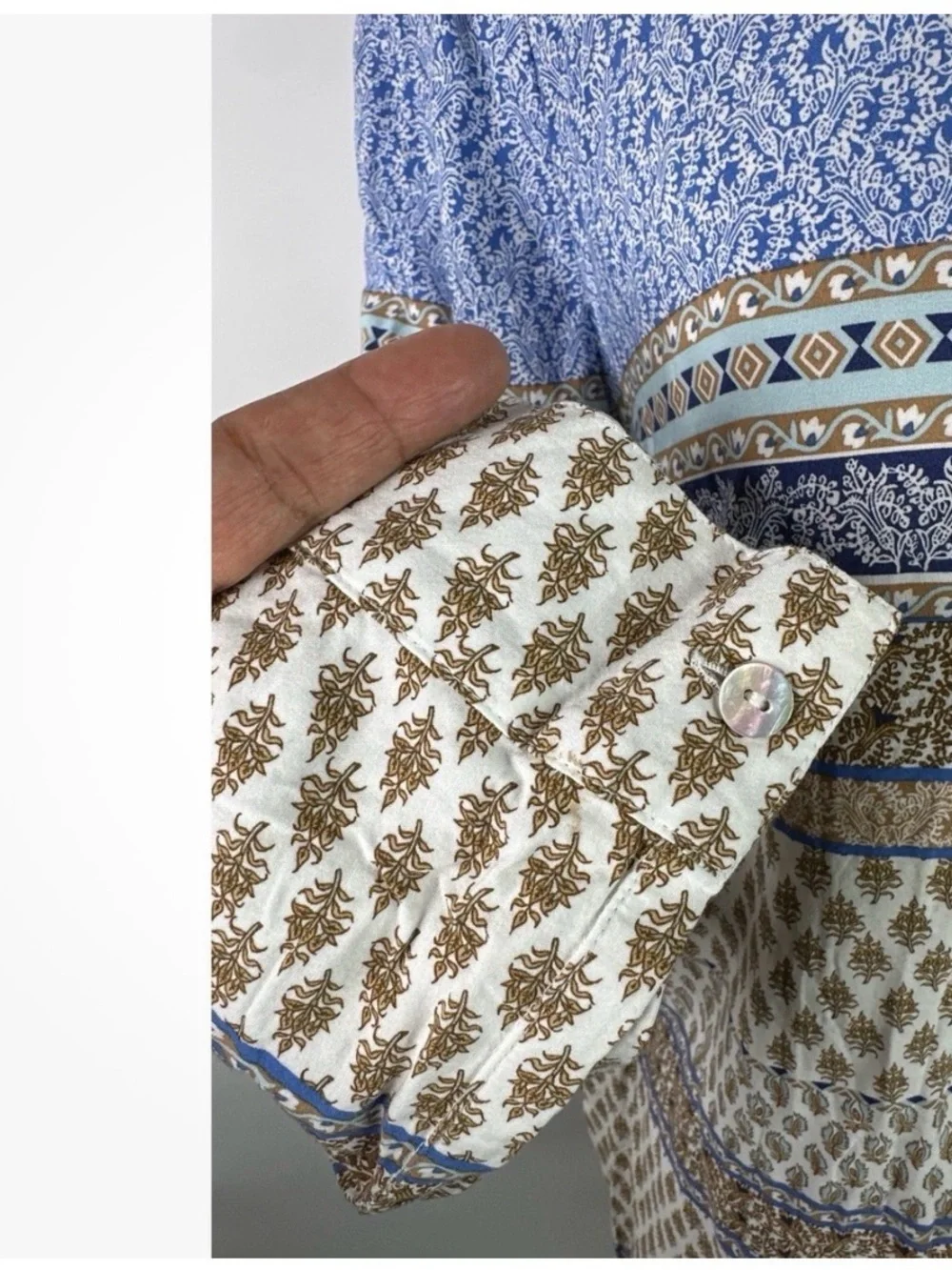 J. Jill Blue and Cream Patterned Long-Sleeve Blouse